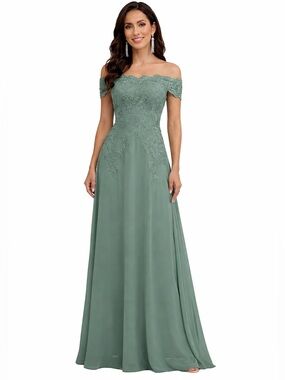 Sage Off Shoulder Chiffon Gown Lace Appliqué Corset Back Size 8 Formal Wedding